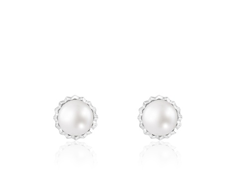 White Cultured Freshwater Pearl Rhodium Over Sterling Silver 6-7mm Button Drop Earrings