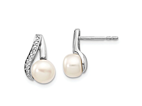Rhodium Over 14K White Gold 6-7mm Button Freshwater Cultured Pearl 0.02ctw Diamond Earrings