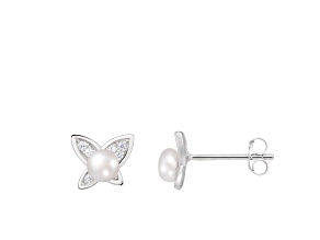 White Cultured Freshwater Pearl and CZ Rhodium Over Sterling Silver 4-5mm Button Earrings