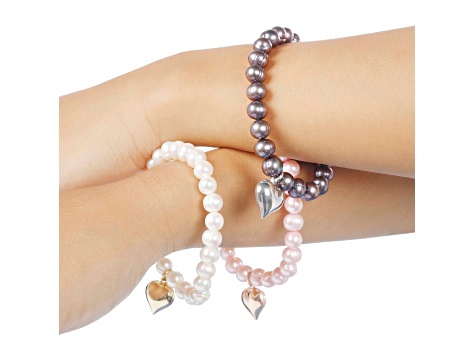 Cultured Freshwater Pearl Stretch with Heart Pendant Bracelet