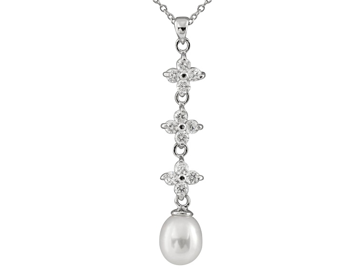 7-8mm Drop White Cultured Freshwater Pearl and CZ Rhodium Over Sterling Silver Pendant