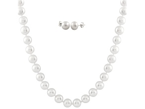 18" White Freshwater Pearl Necklace & Earrings, 7–7.5mm, Rhodium Silver