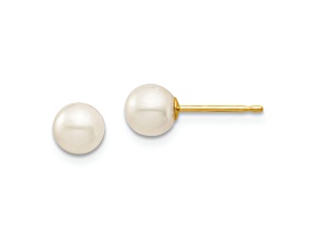 14K Yellow Gold 5-6mm White Round Freshwater Cultured Pearl Stud Post Earrings