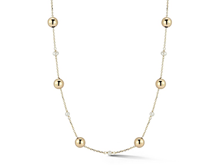 Bellissima Gold 14K Yellow Gold Freshwater Pearl and Ball Station Necklace, Made in Italy
