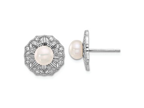 Rhodium Over Sterling Silver Textured 5-6mm Freshwater Cultured Pearl Flower Post Earrings