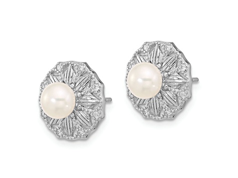 Rhodium Over Sterling Silver Textured 5-6mm Freshwater Cultured Pearl Flower Post Earrings