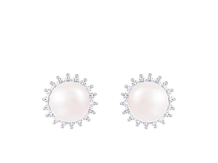 8-9mm White Cultured Freshwater Pearl and Cubic Zirconia Rhodium Over Sterling Silver Earrings