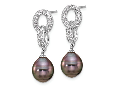 Rhodium Over Sterling Silver 9-10mm Tahitian Pearl/Cubic Zirconia Necklace and Earring Set