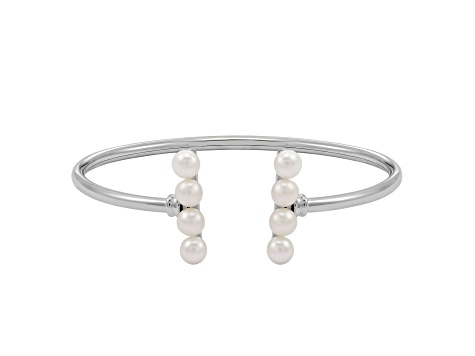 5.5-6mm Button White Freshwater Pearl Sterling Silver Bar Design Cuff Bracelet