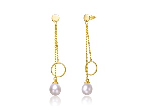 Freshwater Pearl, 14K Gold Plated over Sterling Silver Eternity Circle Double Linear Drop Earrings