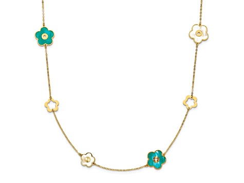 14K Yellow Gold Teal and White Color Mother Of Pearl Flower 30 Inch Necklace