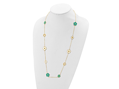 14K Yellow Gold Teal and White Color Mother Of Pearl Flower 30 Inch Necklace