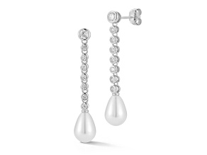 Rachel Zoe Rhodium Over Sterling Silver Pearl Tennis Drop Earrings with Cubic Zirconia