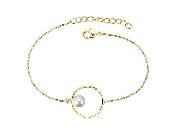 Genuine Freshwater Pearl, 14K Gold Plated over Sterling Silver Solitaire Wire Halo Delicate Bracelet