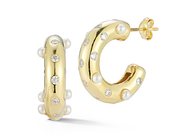 Sterling Statements 14K Yellow Gold Over Sterling Silver Freshwater Pearl and CZ C-Hoop Earrings