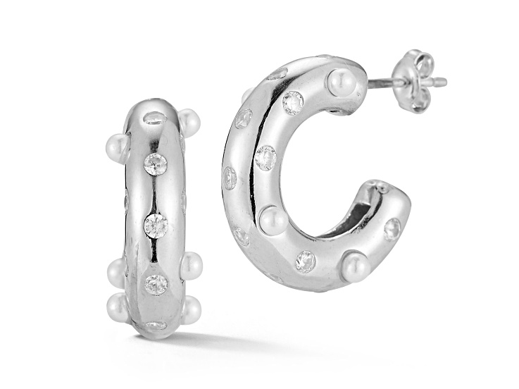 Sterling Statements Rhodium Over Sterling Silver Freshwater Pearl and CZ Bold C-Hoop Earrings