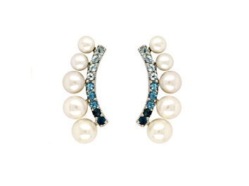 Picture of White Freshwater Pearl with Sky Blue, Swiss Blue and London Blue Topaz Sterling Silver Ear Crawlers