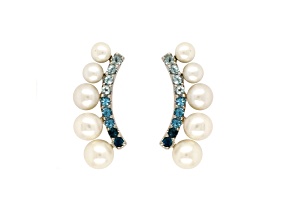 White Freshwater Pearl with Sky Blue, Swiss Blue and London Blue Topaz Sterling Silver Ear Crawlers