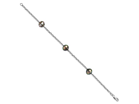 Rhodium Over Sterling Silver 8-9mm Baroque 3stat Tahit Saltwater Pearl Bracelet