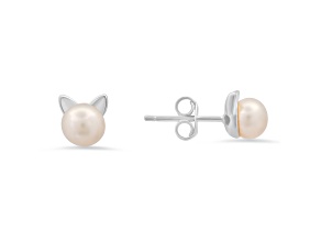 6mm Pink Cultured Freshwater Pearl Rhodium Over Sterling Silver Cat Earrings