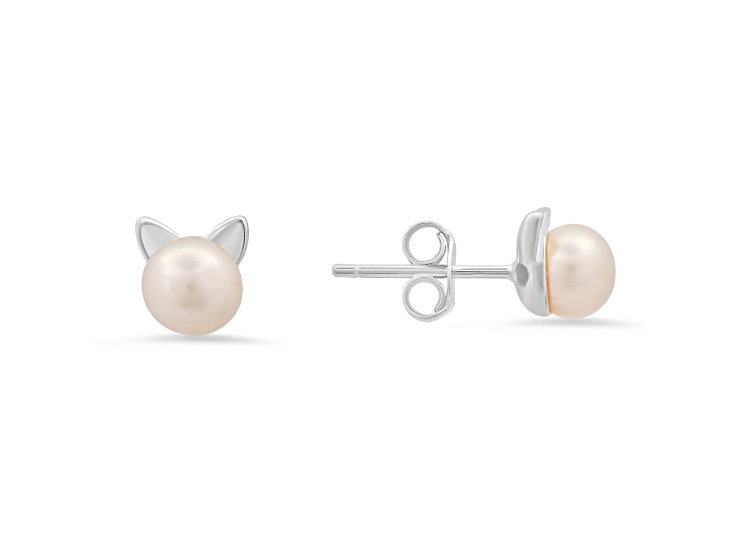 6mm Pink Cultured Freshwater Pearl Rhodium Over Sterling Silver Cat Earrings