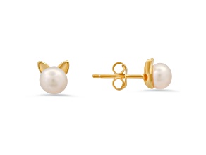 6mm Pink Cultured Freshwater Pearl 14k Yellow Gold Over Sterling Silver Cat Earrings