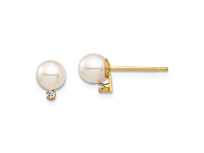 14K Yellow Gold Children's 4-5mm White Round Freshwater Cultured Pearl and Diamond Stud Earrings