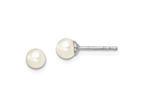 Rhodium Over Sterling Silver 4-5mm White Round FWC Pearl Stud Earrings