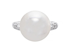 13-14mm Round White Freshwater Pearl with Diamond Accents 14K White Gold Ring