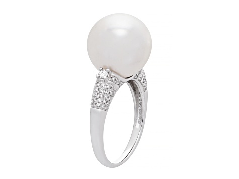 13-14mm Round White Freshwater Pearl with Diamond Accents 14K White Gold Ring