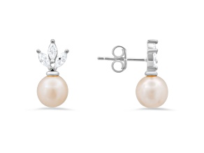 7mm Cultured Freshwater Pearl And White Cubic Zirconia Rhodium Over Sterling Silver Earrings 0.55ctw