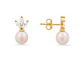 7mm Cultured Freshwater Pearl And White Cubic Zirconia 14k Yellow Gold Over Silver Earrings 0.55ctw