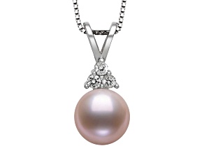 Pink Cultured Freshwater Pearl & Sapphire Rhodium Over Sterling Silver Pendant With Chain