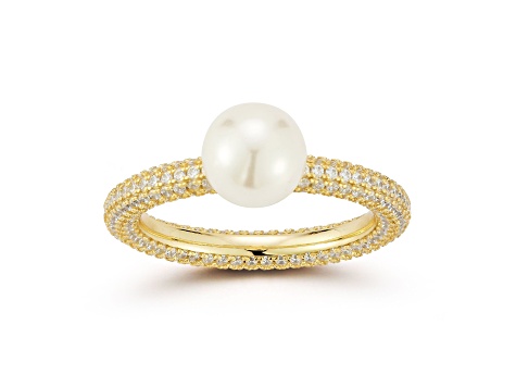 Rachel Zoe 14K Yellow Gold Over Sterling Silver Solitaire Freshwater Pearl Pave Band Ring