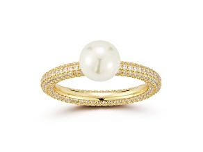 Rachel Zoe 14K Yellow Gold Over Sterling Silver Solitaire Freshwater Pearl Pave Band Ring