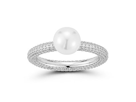 Rachel Zoe Rhodium Over Sterling Silver Solitaire Freshwater Pearl Pave Band Ring