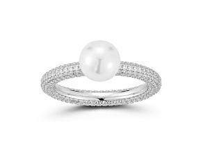 Rachel Zoe Rhodium Over Sterling Silver Solitaire Freshwater Pearl Pave Band Ring