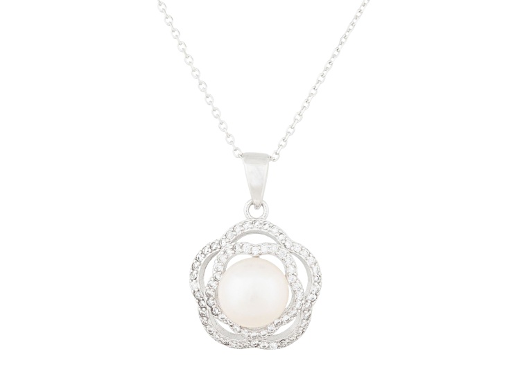 8-8.5mm Button White Cultured Freshwater Pearl and CZ Rhodium Over Sterling Silver Pendant