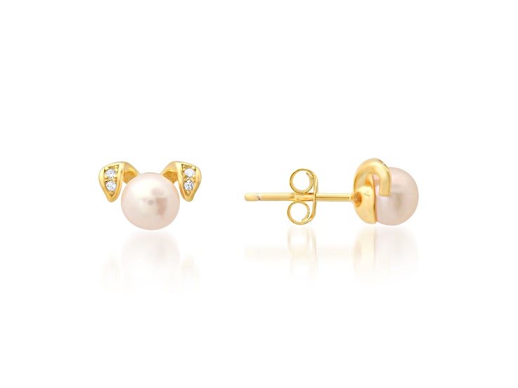 6mm Cultured Freshwater Pearl And Cubic Zirconia 14k Yellow Gold Over Silver Dog Earrings 0.02ctw