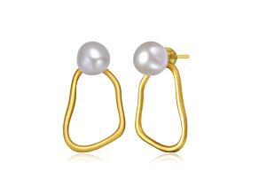 Genuine Freshwater Round Pearl, 14K Gold Plated over Sterling Silver Drop Earrings