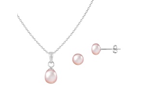 6mm Pink Cultured Freshwater Pearl Rhodium Over Sterling Silver Pendant & Earring Set