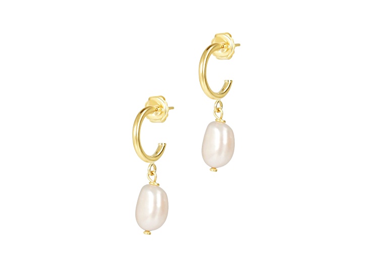 White Cultured Freshwater Pearl 14K Yellow Gold Sterling Silver Mini Hoop Earrings