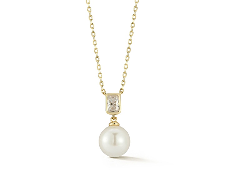 Rachel Zoe 14K Yellow Gold Over Sterling Silver Freshwater Pearl and Cubic Zirconia Pendant Necklace