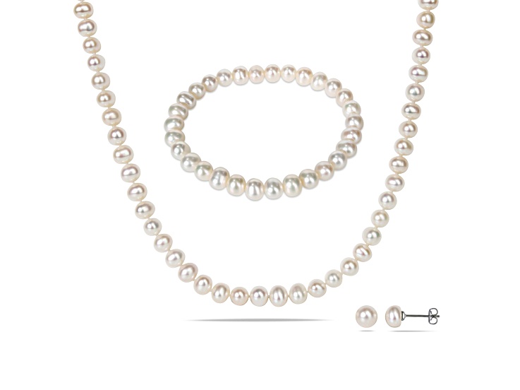 6-7mm Freshwater Cultured Pearl Earrings, Strand Bracelet & Necklace Set