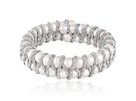 7-8mm White Cultured Freshwater Pearl Silver  Bracelet