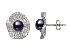 Black Cultured Freshwater Pearl With Cubic Zirconia Rhodium Over Sterling Silver Earrings
