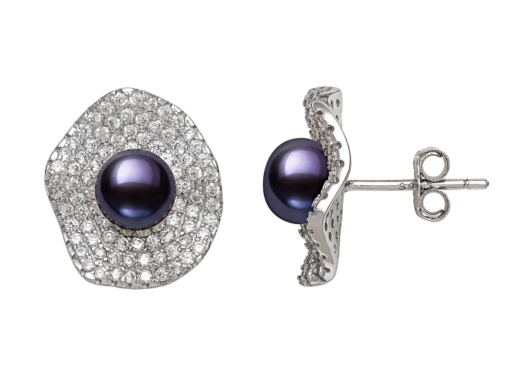 Black Cultured Freshwater Pearl With Cubic Zirconia Rhodium Over Sterling Silver Earrings