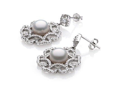 Sterling Silver Freshwater Pearl and Cubic Zirconia Earring