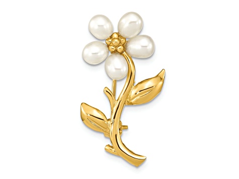 14K Yellow Gold 4-5mm Rice White Freshwater Cultured Pearl Flower Brooch