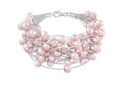 Pink Cultured Kasumiga Pearl Rhodium Over Sterling Silver Necklace